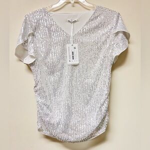 Grace Karin V-Neck Shimmer Sequin White Lined Top Size XL Elegant Glam Wedding